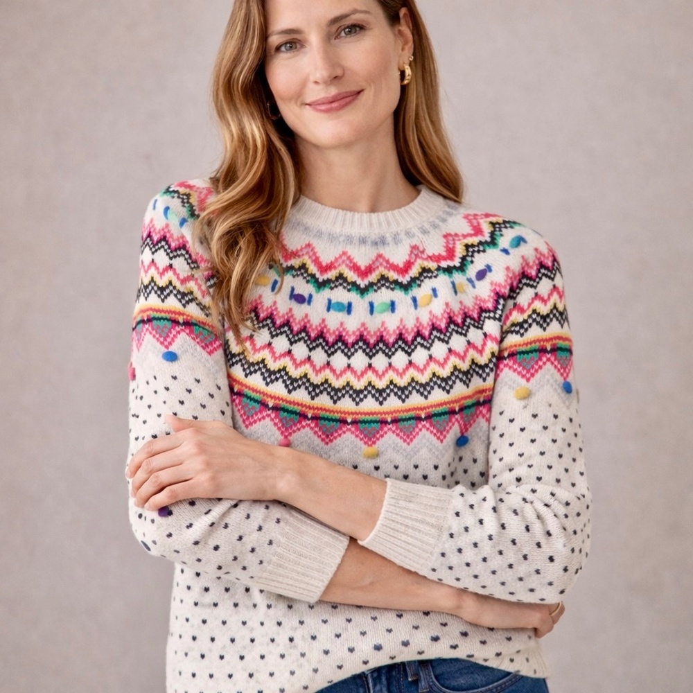 Talbots Multi-Colored Fair Isle Pom Pom Button Back Sweater Women's size M